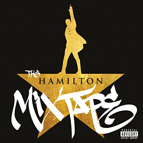 The image depicts the cover art for "The Hamilton Mixtape" CD. A concise, descriptive alt text for this image is: "Black background with gold star and silhouette of a man."