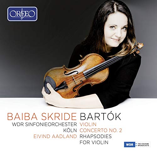 Woman holding a violin on a classical music CD cover with text and logos.