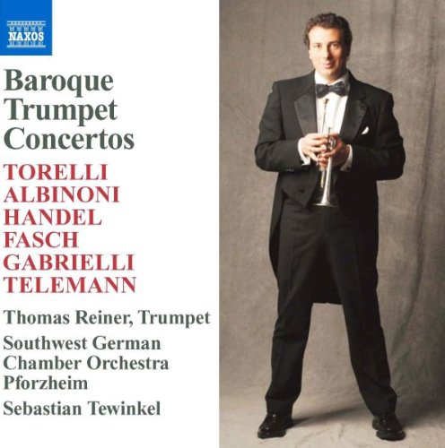 Man in tuxedo holding trumpet on CD cover with text "Baroque Trumpet Concertos".