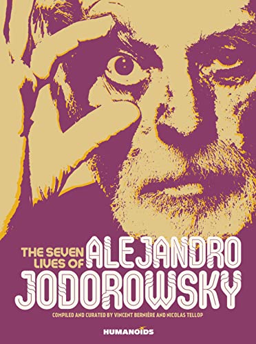 Stylized purple and yellow close-up portrait of Alejandro Jodorowsky on a book cover.