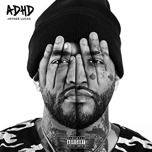 Black and white album cover featuring a man with a beanie and tattoos covering his face.