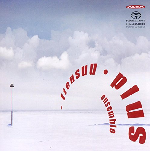 "CD album cover with snowy landscape and red curved text, 'tiensuu plus ensemble'."