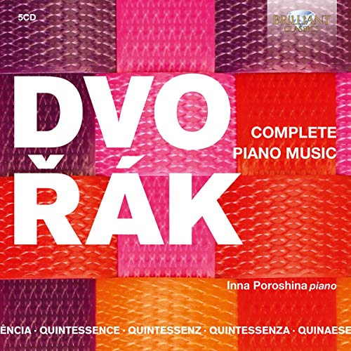 "Dvorak Complete Piano Music" CD cover with colorful, textured background and white text overlay.