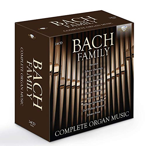 "CD cover featuring organ pipes and text 'Bach Family Complete Organ Music'."