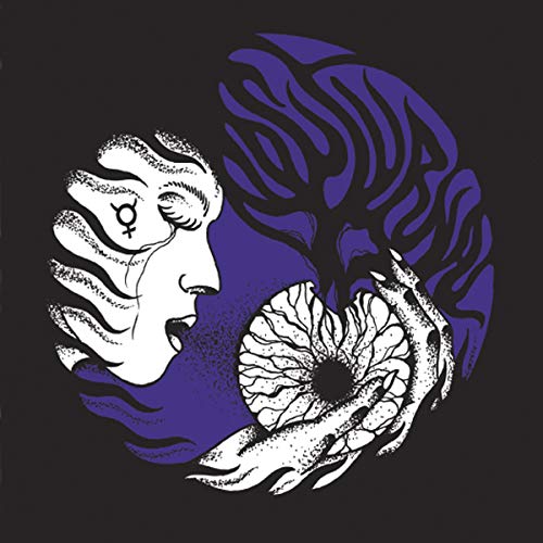 A black vinyl record sleeve with a white face and purple abstract design.