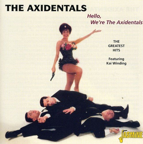 Album cover with a woman standing on three men in suits.