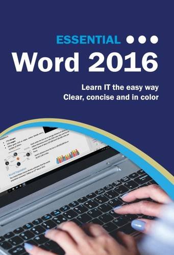 The image depicts a book cover titled "Essential Word 2016" with a dark blue background. The alt text is: "Book cover with laptop screen showing a tutorial on Word 2016."