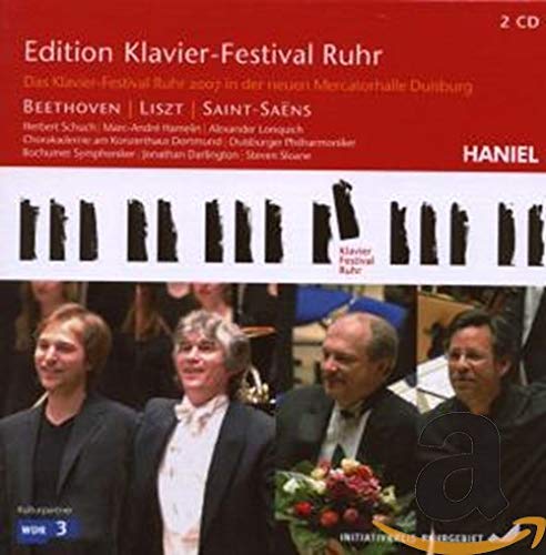 Red and white CD cover with piano keys and four men in suits.