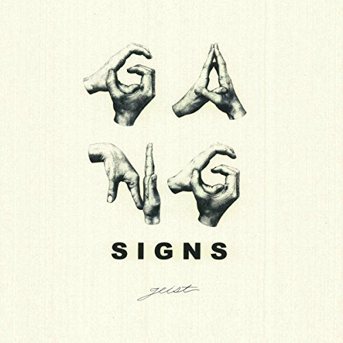 "Album cover with 'SIGNS' and 'geist' text, featuring four hands making gestures."