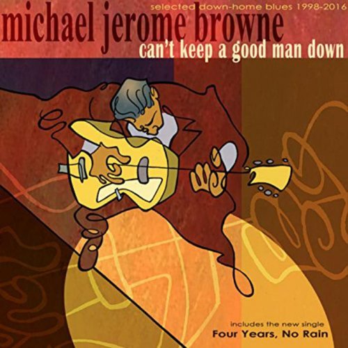 "Album cover featuring cartoon man playing guitar, with brown and red background."