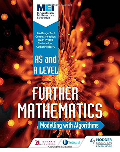 "Textbook cover with 'Further Mathematics' and 'Modelling with Algorithms' on an orange, explosive background."