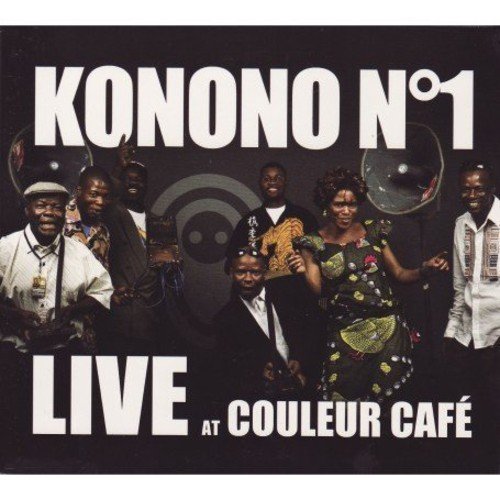 "Album cover with 'Konono N°1' and 'Live at Couleur Cafe' text, featuring a band."