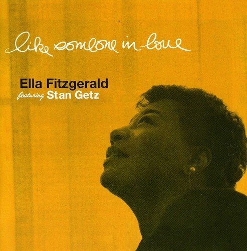 "CD cover with Ella Fitzgerald's portrait on yellow background, titled 'Like Someone in Love'."
