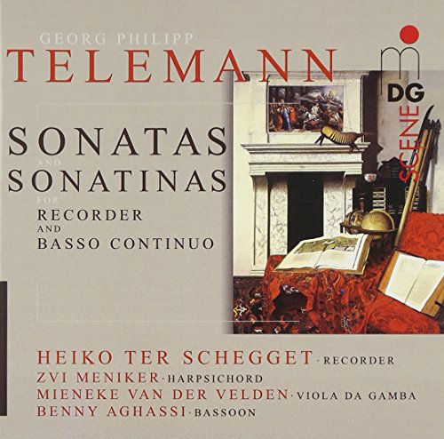 "CD cover with title 'Telemann' and image of musical instruments on ornate red fabric."