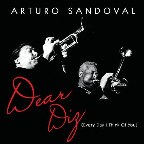 "Album cover with two trumpet players, black background, and red cursive text."