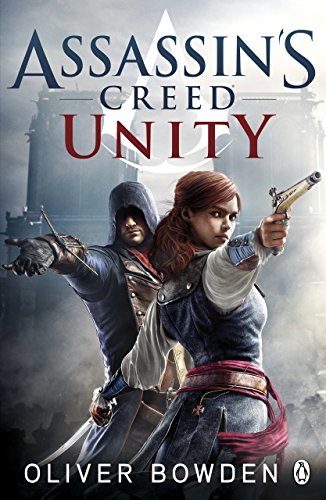 "Book cover of 'Assassin's Creed Unity' featuring two characters holding guns, back-to-back."