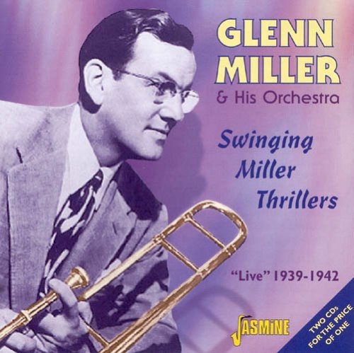 Glenn Miller holding a trombone on a purple album cover with text and logo.