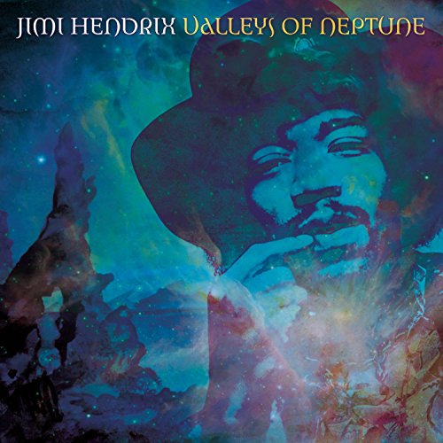 "Album cover with a psychedelic portrait of Jimi Hendrix against a cosmic background."