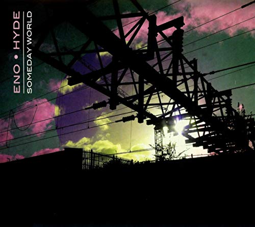 CD cover with silhouetted power lines against a colorful sky.