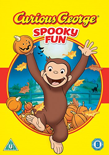 "Curious George DVD cover featuring the monkey jumping with a jack-o'-lantern, on a yellow background."