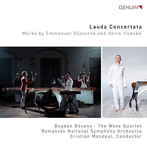 "CD cover with two photos: musicians playing percussion and a conductor in white."