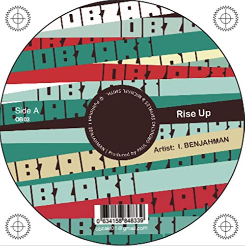 Vinyl record with multicolored stripes and barcode on a white background.