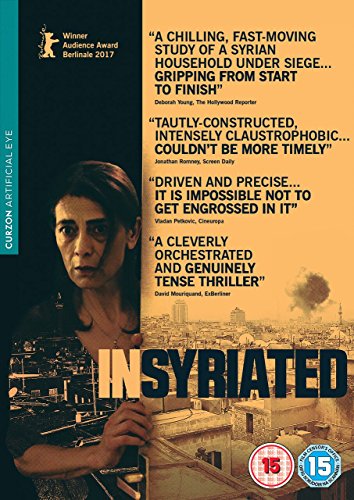 DVD cover for "Insyriated" with a woman and cityscape, featuring review quotes.