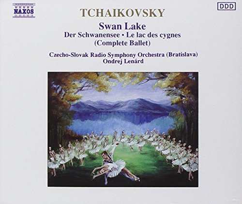 "CD cover with Swan Lake ballet scene and Tchaikovsky's name in red."