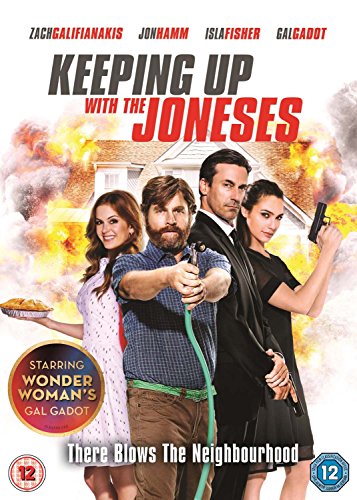 "Keeping Up With The Joneses DVD cover featuring four actors in an action scene."