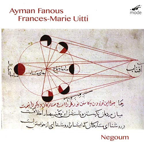 Album cover with abstract red diagram and Arabic script on a beige background.