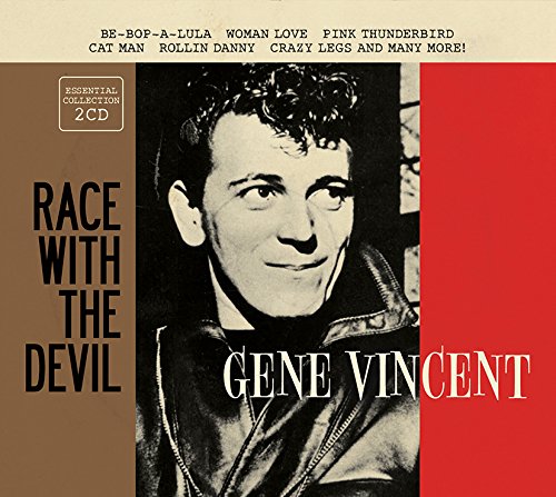 "CD cover with Gene Vincent's portrait, title 'Race with the Devil', and song list."