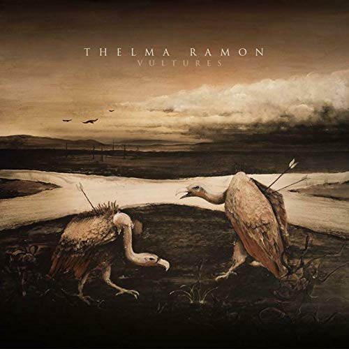 "Album cover art featuring two injured vultures in a desolate landscape with cloudy sky."