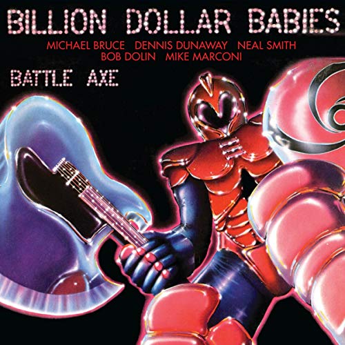 "Album cover with a robot holding a glowing guitar against a black background."