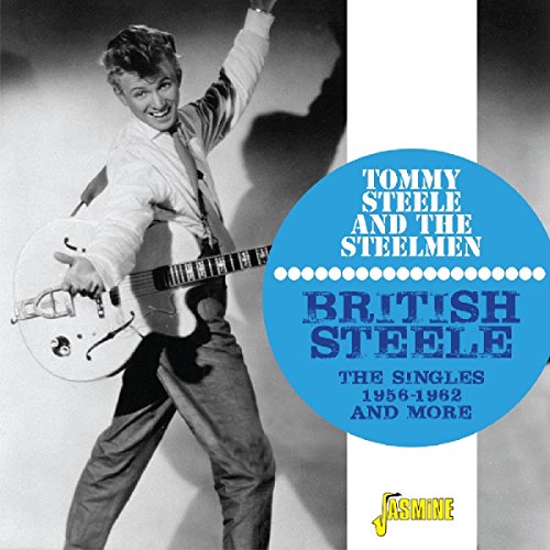 A CD cover featuring Tommy Steele holding a guitar, with text overlay on a blue circle.