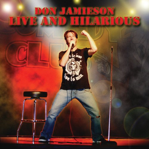 "CD cover featuring comedian Don Jamieson on stage with microphone and stool."