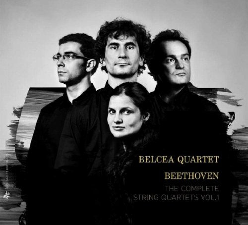Black and white image of four musicians with text "Belcea Quartet Beethoven" on the right.