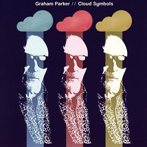 "Album cover with three illustrated figures and clouds on a purple background."