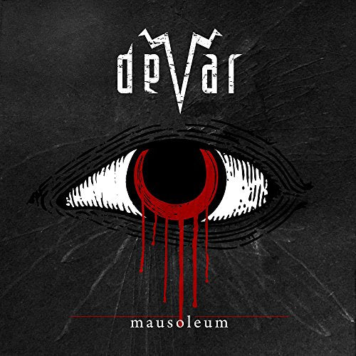 "Album cover with a black and white eye, red dripping pupil, on dark background."