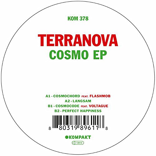 White vinyl record label with red and green text, displaying "Terranova Cosmo EP" and track listings.