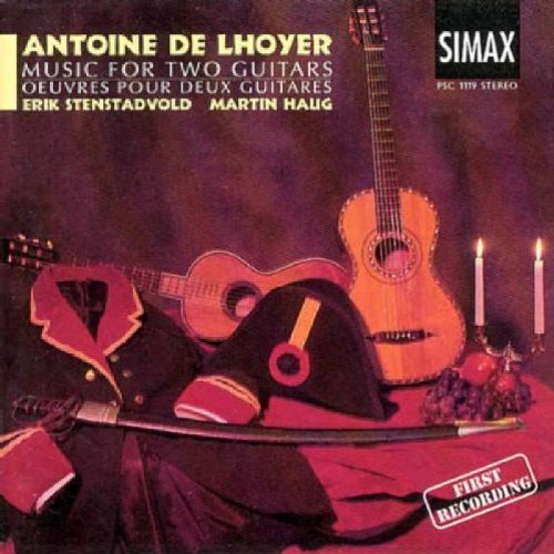 "CD cover featuring two guitars, hat, and sword on a red cloth."