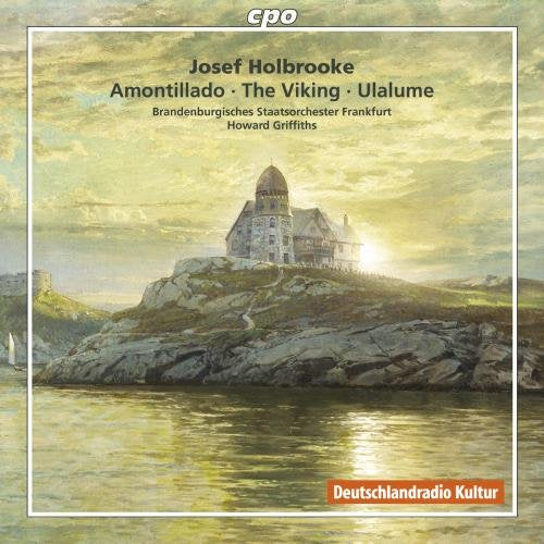 "CD cover featuring a serene painting of a building on a rocky island."