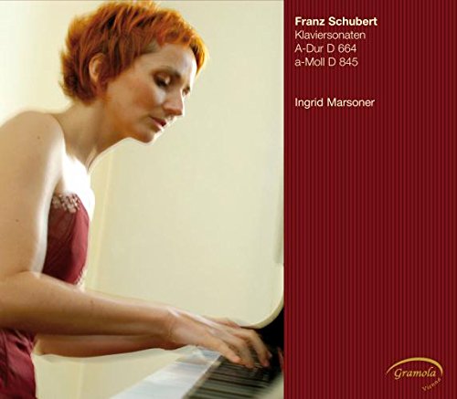 CD cover with a woman playing piano, red dress, and dark red background.