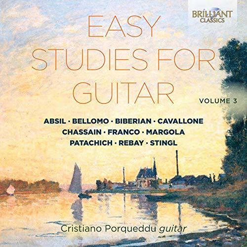 "Album cover featuring serene watercolor landscape with 'Easy Studies for Guitar' title."