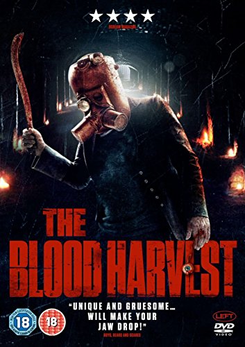 DVD cover for "The Blood Harvest" featuring a man in a gas mask holding a bloody scythe.