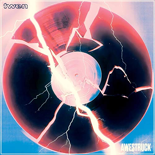A vinyl record shattered into pieces with lightning, against a blue and red background.