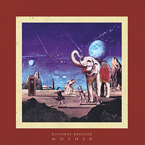 Red album cover with surreal illustration of elephant and people under a starry sky.