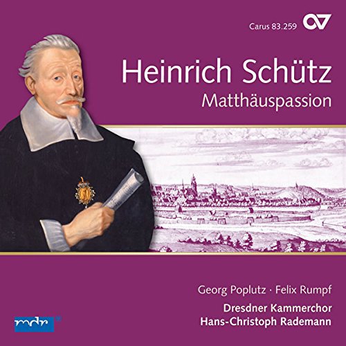 CD cover with portrait of Heinrich Schütz and cityscape on purple background.