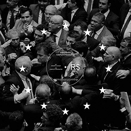 Black and white image of suited men surrounded by white stars and a circular logo.