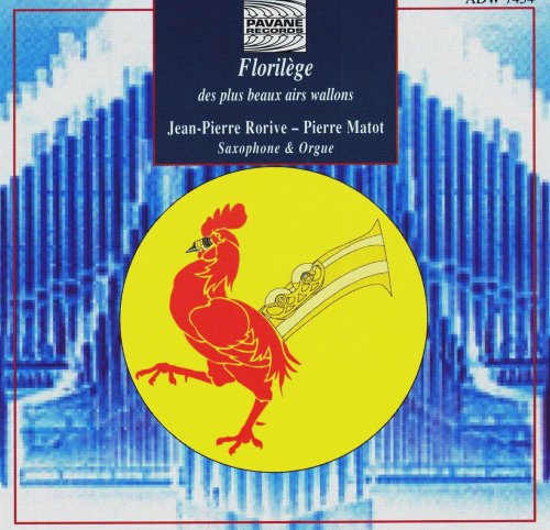 "CD cover with red rooster on yellow circle, blue sound wave background, and dark blue title box."