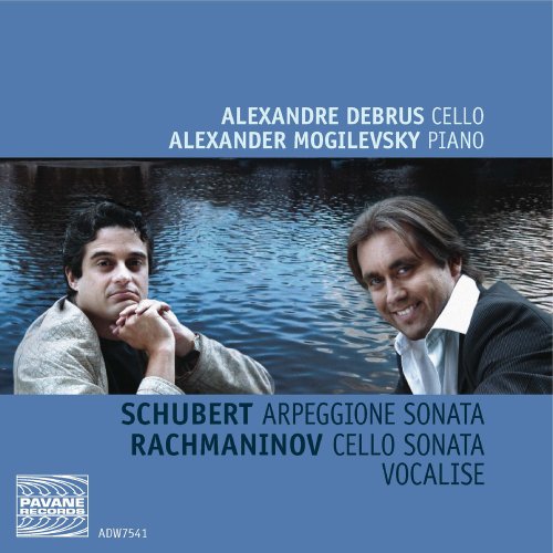 "Blue CD cover with two men by water, listing musical artists and compositions."